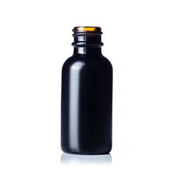 1 oz black-colored amber glass boston round bottle with 20-400 neck finish
