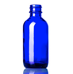 2 oz cobalt blue glass boston round bottle with 20-400 neck finish